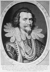 Porträtt av George Villiers, 1:e hertig av Buckingham (1592-1628) graverad av Willem Jacobsz. Delff (1580-1638) 1626 (gravyr) (bw foto)