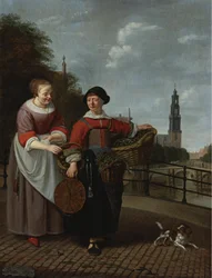 En kvinnlig grönsaksförsäljare och en hemmafru vid Eenhoornsluis i Amsterdam, i bakgrunden Westertoren