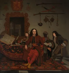 Thomas Hees och hans tjänare Thomas och syskonbarnen Jan och Andries Hees Porträtt av Thomas Hees (f. 1634/35), bosatt och kommissarie för delstaternas general till regeringarna i Alger, Tunis och Tripoli, med sina syskonbarn Jan (f. 1670/71) och Andries (