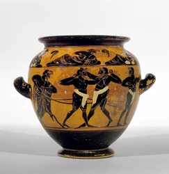 Attic svart-figur stamnos föreställande boxare, c.520-500 BC (keramik) (se även 100575)
