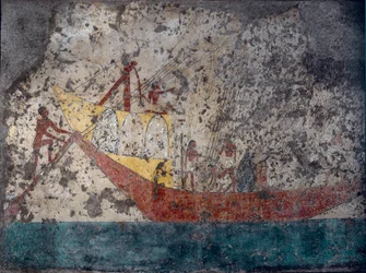 Egyptisk antikvitet: "" Egyptiskt militärskepp"" Fresk från en grav. 2000 f.Kr. Turin, Museo Egizio