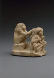 Grupp med två kvinnor och ett barn, ca 1981–1500 f.Kr. (kalksten, färg)