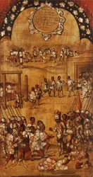 Erövringen av Mexiko, panel III, ca 1696-1715 (måla på trä)