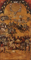 Erövringen av Mexiko, Panel II, ca 1696-1715 (måla på trä)
