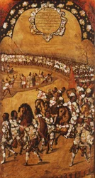 Erövringen av Mexiko, panel IX, ca 1696-1715 (måla på trä)