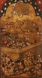 Erövringen av Mexiko, panel VII, ca 1696-1715 (måla på trä)