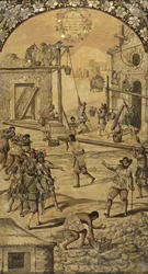 Erövringen av Mexiko av Hernan Cortes par Gonzalez, Miguel och Juan (aktiv Slutet av 1600-talet). Olja på trä