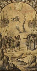 Erövringen av Mexiko av Hernan Cortes par Gonzalez, Miguel och Juan (aktiv Slutet av 1600-talet). Olja på trä, storlek: 97x53