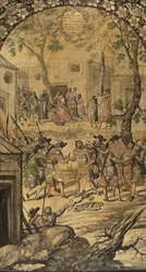 Erövringen av Mexiko av Hernan Cortes par Gonzalez, Miguel och Juan (aktiv Slutet av 1600-talet). Olja på trä, storlek: 97x53