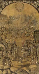 Erövringen av Mexiko av Hernan Cortes par Gonzalez, Miguel och Juan (aktiv Slutet av 1600-talet).