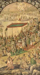 The Welcome of Montezuma (Moctezuma, Moteuczoma, Motecuhzoma)(1466-1520) - Erövringen av Mexiko av Hernan Cortes par Gonzalez, Miguel och Juan (aktiv Slutet av 1600-talet). Olja på trä, storlek: 97x53