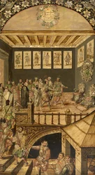 besöket av Hernando Cortes (1485-1547) i Montezuma (Moctezuma, Moteuczoma, Motecuhzoma) (1466-1520) 1520 - Erövringen av Mexiko av Hernan Cortes par Gonzalez, Miguel och Juan (aktivt i slutet av 1600-talet). Olja på trä, storlek: 97x53