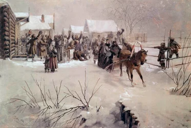 Tsar Alexander II (1818-1881) i en släde korsar en by under snö Akvarell av Mihaly von Zichy (1827-1906) 1800-talets Sankt Petersburg, Chateau de Peterhof