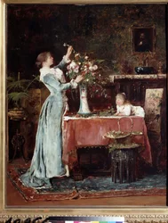 ""La composite du bouquet"" (Komponera en bukett) En medelklasskvinna (ungersk?) som förbereder en bukett blommor, hennes dotter tittar på henne. Målning av Mihaly Munkacsy (1844-1900) circa 1880 Pushkin Museum, Moskva