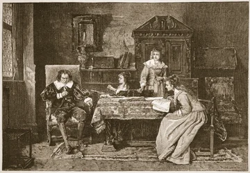 Milton dikterar "Paradise Lost", illustration från "The Church of England: A History for the People" av H.D.M. Spence-Jones, pub. c.1910 (sepiafoto)