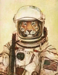 En tiger i en vintage-astronautdräkt