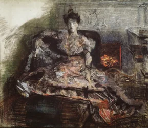 Efter konserten. Porträtt av N. Zabela-Vrubel vid den öppna spisen i en klänning designad av Vrubel, 1905