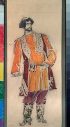 Manlig förberedande kostym för operan ""Tsarens brud"" av Nicholas (Nikolai) Rimsky Korsakov (Rimsky-Korsakov) (1844-1908) (Dräktdesign för operan Tsarens brud av N Rimsky Korsakov (Rimsky) -Korsakov) - Verk av Mikhail Alexander