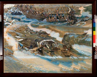 Illustration pour le conte du czar Saltan de Alexandre Pouchkine (1799-1837) (Illustration till sagan om tsaren Saltan av A Pushkin) - Verk av Mikhail Alexandrovich Vrubel (Vrubel) (1856-1910), akvarell, gouache, guld och pengar på papper