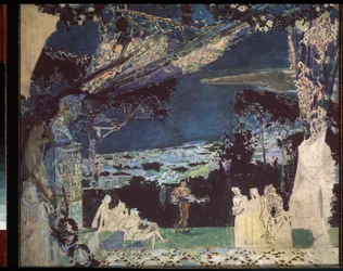 Italie, nuit a Neapel - Projekt för scenridån för den privata ryska teatern (Italien, Natten i Neapel, gardindesign för den privata ryska teatern) - Verk av Mikhail Alexandrovich Vrubel (Vroubel) (1856-1910), penna och akvarell på papper