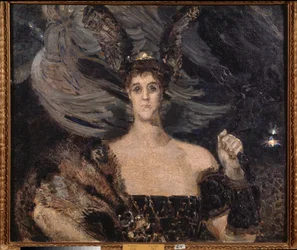 Valkyrian, porträtt av konstnären och beskyddare grevinnan Maria Tenisheva (Valkyrian, porträtt av konstnären och beskyddare grevinnan Maria Tenisheva) - Målning av Mikhail Alexandrovich Vrubel (Vrubel) (1856-1910), olja på tyg
