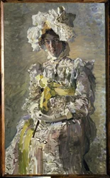 Porträtt av Nadezhda Zabela Vrubel i en Empire-klänning. (Konstnärens fru). Målning av Mikhail Alexandrovich Vrubel (Vrubel) (1856-1910), olja på duk