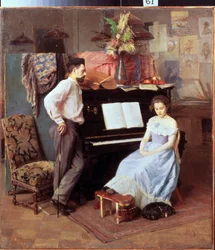 ""Konstnären och hans fru"" Den unga kvinnan med sänkta ögon sitter vid pianot under sin mans blick. Målning av Mikhail Ignatiev (1870-1934) circa 1900 Regional Art Gallery, Vologda