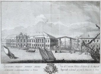 Utsikt över det andra vinterpalatset med kanalen som förbinder Moika med Neva, 1753