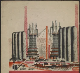 Illustration du livre pour enfants ""Combinat metallurgique Kuznets : un geant socialiste"" - Illustration till barnboken ""Kuznets Metallurgical Combine: A Socialist Giant"", av Gurevich, Mikhail Lvovich (1904-1943). Färglitografi