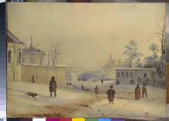 Vladimir Hill i Kiev (Vladimir Hill (Vladimirskaya Gorka) i Kiev). Landskap under snön. Verk av Mikhail Makarovich Sazhin (1818-1887), olja på kartong. Rysk konst från 1800-talet. Ryska statens museum, Sankt Petersburg