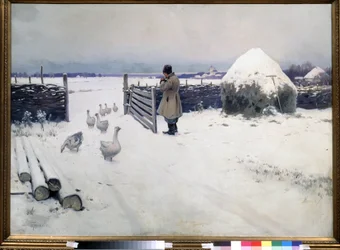 Den första snön har fallit. Målning av Mikhail Markianovich Germashev (1867-1930), olja på duk, cirka 1890, rysk konst från 1800-talet. Statens Tretjakovgalleri, Moskva.