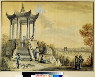 Grand Caprice-paviljongen i Catherine Park i Tsarkoye Selo. Verk av Mikhail Matveevich Ivanov (1758-1823), akvarell och krita på papper, sent 1700-tal. Rysk konst från 1700-talet. Ins