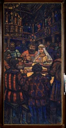The Wedding of the Grand Duke Vladimir I Svyatoslavich (känd som den stora eller röda solen, 958-1015) (The Wedding of the Grand Duke Vladimir I Svyatoslavich) Bröllopsbankettscen - Målning av Mikhail Nikolayevich Yakovlev (1880-1942), olja på duk, cirka 1
