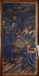 Storhertigen Vladimir I Svyatoslavichs bröllop (känd som den stora eller röda solen, 958-1015) (The bröllop av storhertigen Vladimir I Svyatoslavich) Vladimir alite är omgiven av tre gamla män - Målning av Mikhail Nikolayevich Yakovlev (1880- 1942), olja