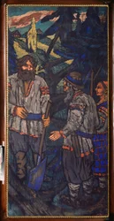 Storhertigen Vladimir I Svyatoslavichs bröllop (kallad den stora eller röda solen, 958-1015) (The bröllop av storhertigen Vladimir I Svyatoslavich) Vladimir talar med en spade med ett par bönder - Målning av Mikhail Nikolayevich Yakovlev (1880) -1