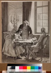 ""Kejsarinnan Katarina II:s ryska språklektion (1729-1796)" (Lektion av kejsarinnan Katarina II:s ryska) Penna- och bläckteckning av Mikhail Klodt (1835-1914)