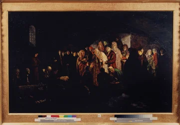 Kejsarinnan Giving Alms (Empress Giving Alms). Tsarinan, omgiven av adelsmän och präster, gör välgörenhet åt en församling av behövande människor som knäböjer framför henne. Målning av baron Mikhail Petrovich Klodt (1835-1914), olja på duk