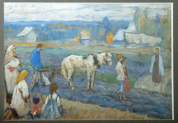 På fältet (Bönder stoppar jordbruksarbetet framför Jesu utseende på vägen) (På fältet) - Målning av Mikhail Vasilyevich Nesterov (1862-1942), gouache på kartong (15,8x24 cm)