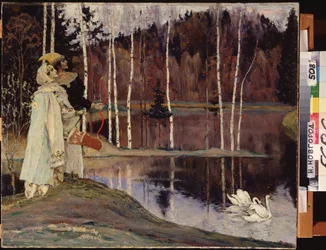 Dubbel harmoni. Ett par i kostym och teatralisk make-up tittar på himlen nära en sjö där ett par svanar simmar lugnt. Målning av Mikhail Vasilyevich Nesterov (1862-1942), olja på duk