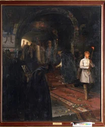 Supplikanter vid tsarhovet. (Upplikanterna vid Tsarens hov). När Ivan III den store (1462-1505) gifte sig med Sophie (född Zoe Paleologue, omkring 1455-1503) 1472, ville den store prinsen göra Moskva till det tredje Rom. Mikhs målning