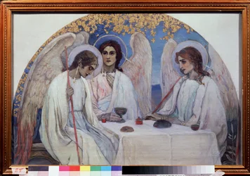 Abrahams gästfrihet. Gamla testamentets treenighet. Representation av de tre änglarna som visade sig för Abraham nära Chene de Mambre. (Abrahams gästfrihet (Gamla testamentets treenighet). Målning av Mikhail Vasilyevich Nesterov (1862-1942), olja på duk.