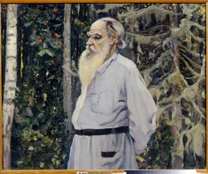 Porträtt av författaren Leon N. Tolstoy (1828-1910) (Porträtt av författaren Leo N. Tolstoy). Målning av Mikhail Vasilyevich Nesterov (1862-1942), olja på duk