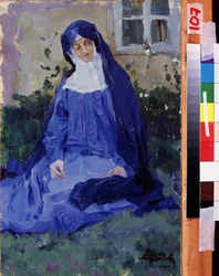 En nunna (A Nun). Verk av Mikhail Vasilyevich Nesterov (1862-1942), olja på kartong
