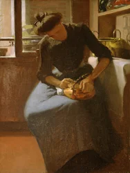 Kvinna som polerar en vattenkokare, ca 1912 (olja på duk)