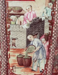 Detalj från en vas föreställande torkande te (keramik)