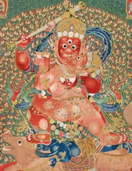 Detalj av kejserlig broderad siden-thangka