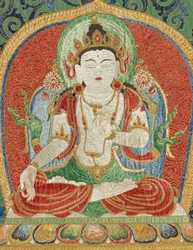 Detalj av kejserlig broderad siden-thangka