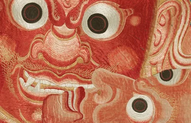 Detalj av kejserlig broderad siden-thangka