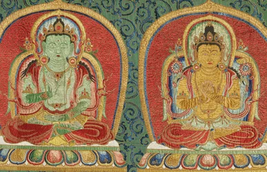 Detalj av kejserlig broderad siden-thangka