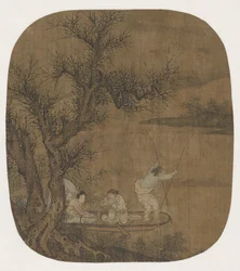 Njut av en måltid ombord på en båt, 1500-1600-talet (bläck och färg på siden)